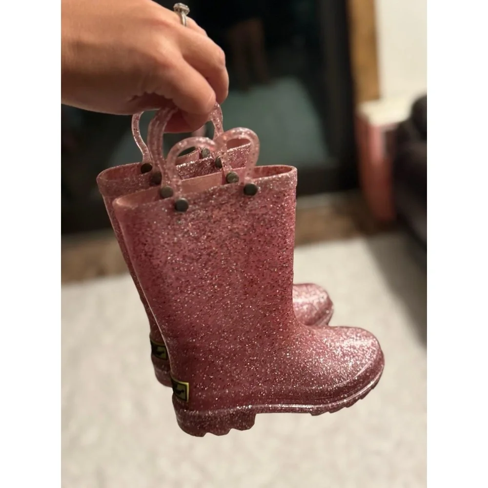 Western Chief Rain Boots Girls Pink Glitter Light Up Heart Handle Waterproof Fun